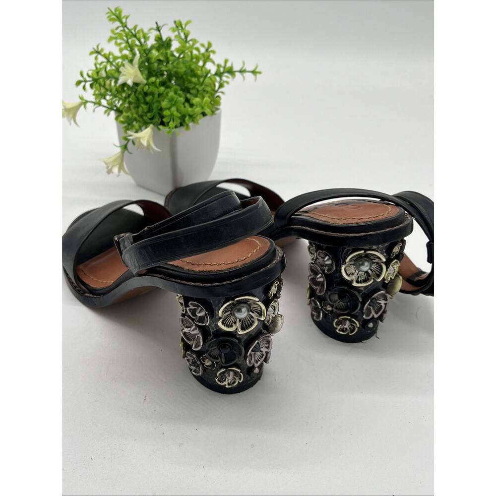 Coach Black Strappy Sandals 6 Metal Floral Heels Statement Designer Shoes